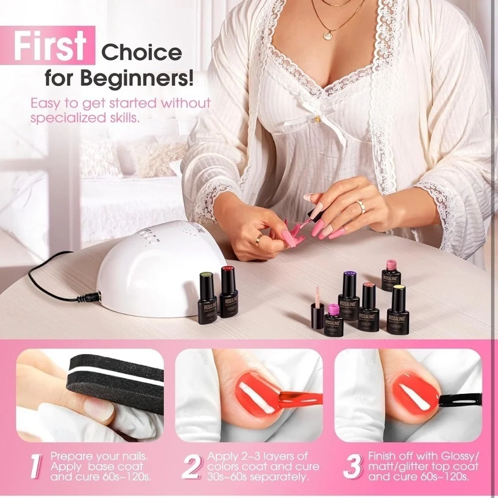 ROSALIND 30PCS Gel Nail Set, Base, Glossy, Matte and Glitter Top Coat Gel Kit‌